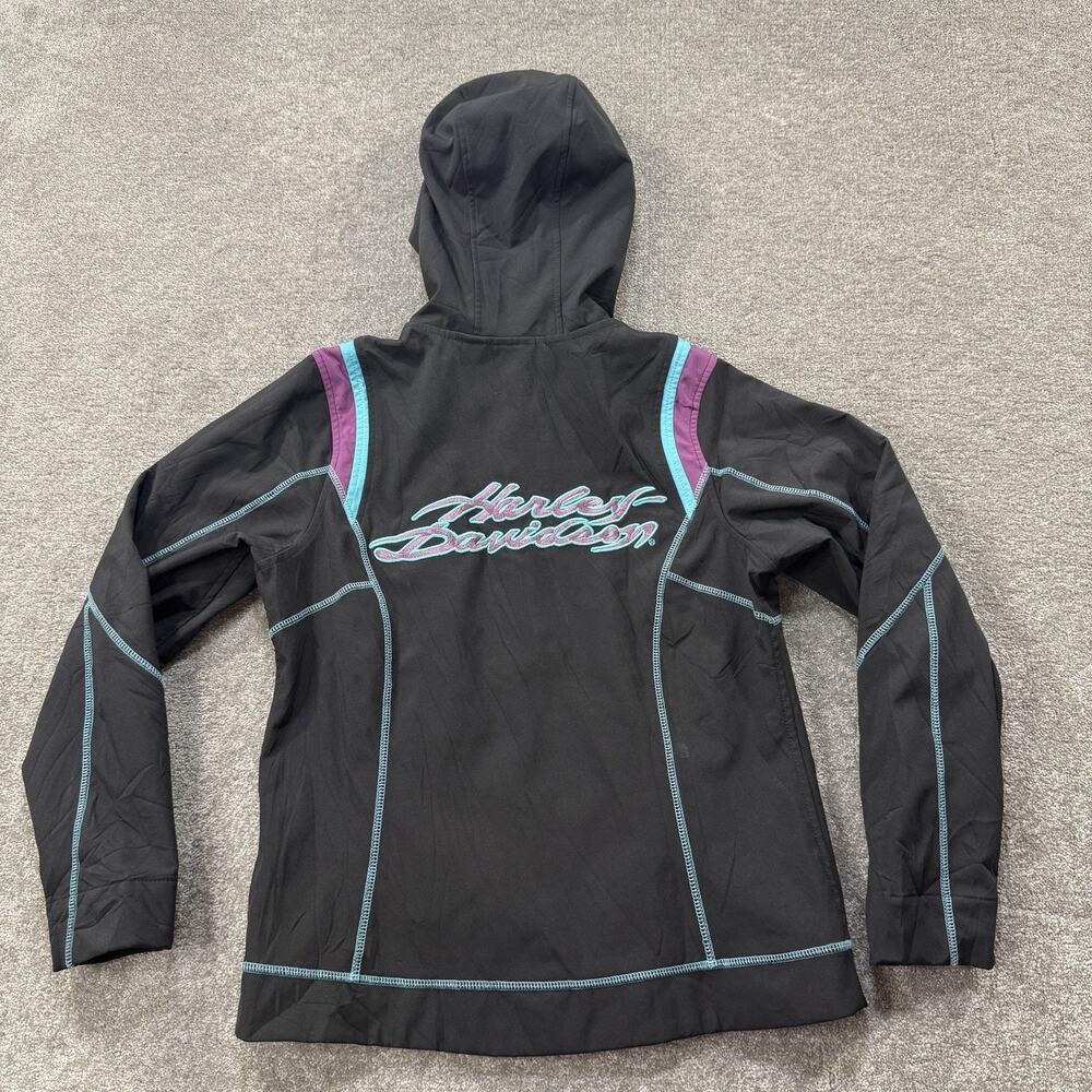 Harley-Davidson Womens Colorblock Soft Shell Jacket M Black Teal Purple Hooded - Picture 10 of 13